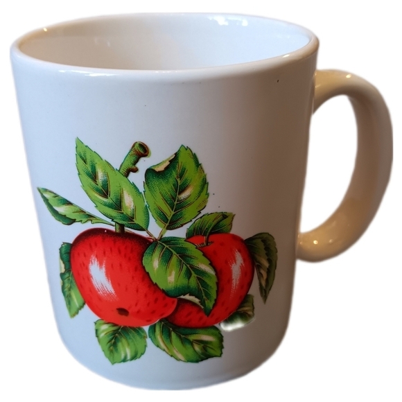 Vintage Cottage Fruit Tree Mug, Jia Shu, White & Red Peaches Or Apples, Whimsy - Picture 1 of 7